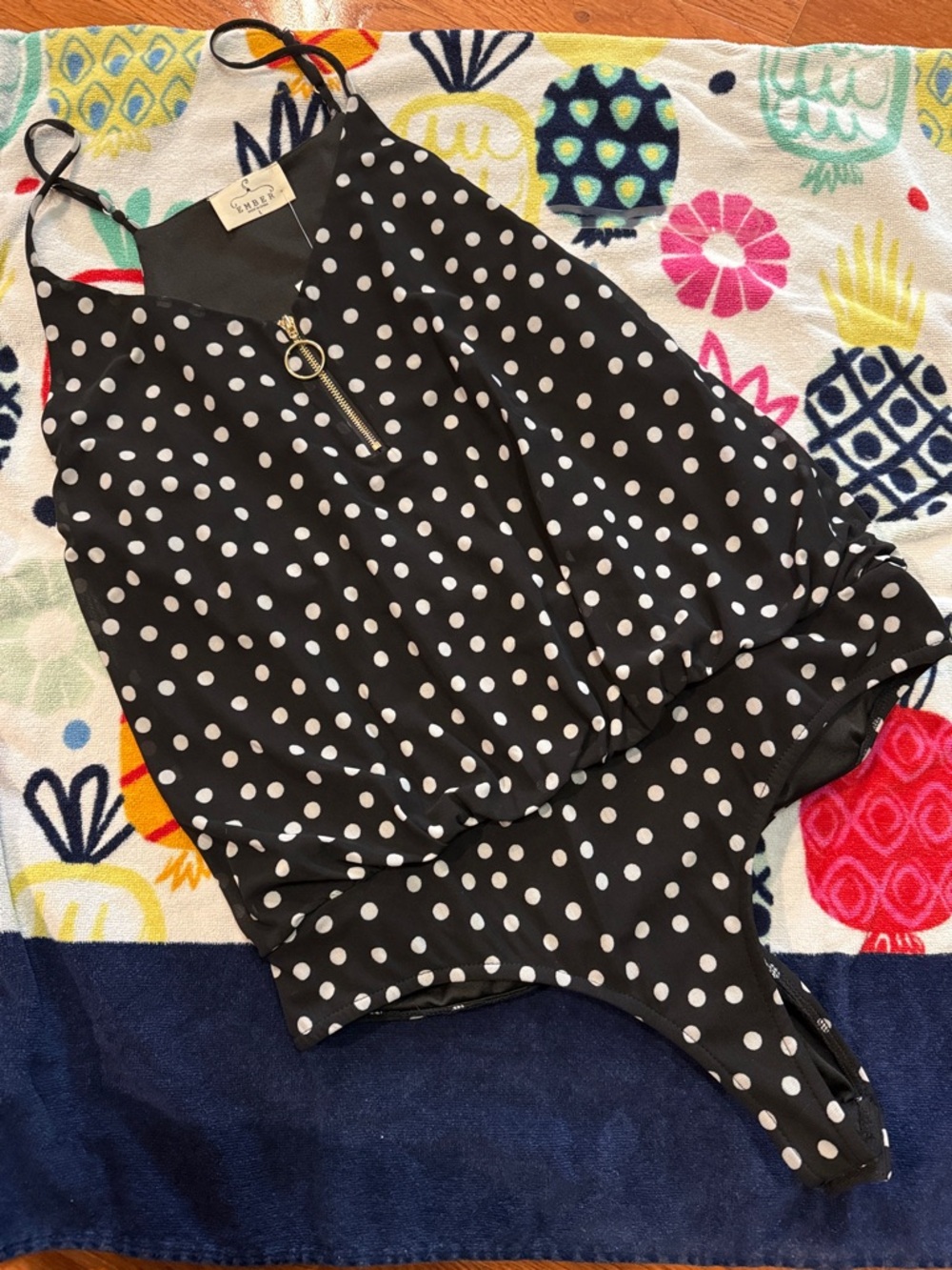 NWT Ember Black Polka Dot Zip-Front Bodysuit Large